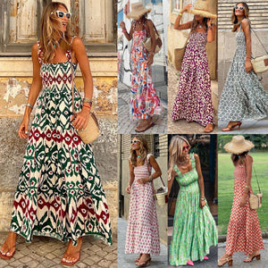 Summer Women's Elegant Print Elastic Strap Skirt Holiday Style French Fragmented Flower Hanging Strap Long Dress