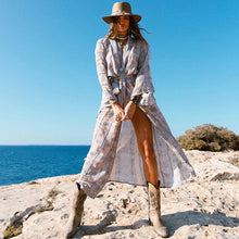 Load image into Gallery viewer, New Green Geometric Cardigan Loose Plus Size Beach Sunscreen Coat Bikini Blouse Swimsuit with Women Outside