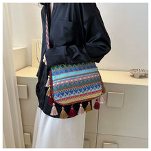 Load image into Gallery viewer, Small Fresh Ethnic Style Crossbody Bag for Women's New Fashion Versatile Wide Shoulder Strap Single Shoulder Bag Tassel Bucket Bag