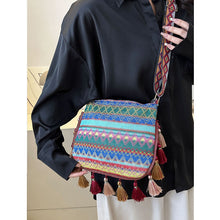 Load image into Gallery viewer, Small Fresh Ethnic Style Crossbody Bag for Women's New Fashion Versatile Wide Shoulder Strap Single Shoulder Bag Tassel Bucket Bag