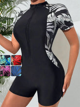 Load image into Gallery viewer, One Piece Floral Swimwear Swim Suit Women Short Sleeve Swimsuit Zip Front Tropical Plant Surfing Sun Protection(No built-in bra)