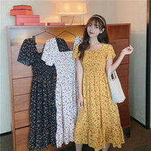 Load image into Gallery viewer, Sweet Spring Summer Floral Print Dress For Women Casual Square Neck Short Sleeve Elastic High Waist Midi Dresses With Ruffle Hem
