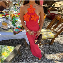 Load image into Gallery viewer, Sexy Crochet Hollow Out Long Halter Dress Women 3D Flower Backless Sleeveless Beach Dresses 2025 Summer Lady Vacation Robes New
