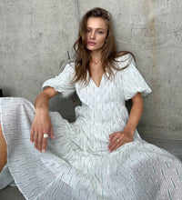 Load image into Gallery viewer, Vintage Women's Cotton Dress 100% V Neck Elegant White Floral Print Dress Midi Long Puff Sleeve Casual Summer Dresses for Women