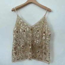 Load image into Gallery viewer, Puloru Trendy Sequins Beads Flower Pattern Vests Women's Sleeveless Open Back V Neck Camisoles See-Through Chic Summer Camis