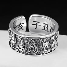 Load image into Gallery viewer, Retro Ancient Silver Plated Buddhist Six Character DAMING Mantra Tibetan Resizable Ring for Men Feng Shui Amulet Protection Ring