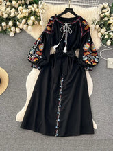 Load image into Gallery viewer, Women Spring Autumn Dress Vintage Ethnic Style Lantern Long Sleeve Embroidered Round Neck Slim A-line Cotton Linen Dress D4930