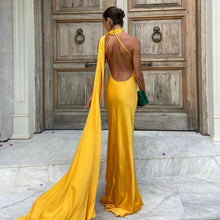 Load image into Gallery viewer, Elegant Satin Ribbons Halter Party Dress Women's Sexy Backless Off Shoulder Sleeveless Robes 2025 Summer New Lady Evening Gowns