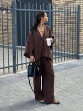 Load image into Gallery viewer, Summer Brown Cotton Linen Loose Pants Sets Fashion V-neck Lace Up Long Sleeve Shirt Suit 2025 New Women's Casual 2 Piece Outfits