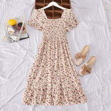 Load image into Gallery viewer, Sweet Spring Summer Floral Print Dress For Women Casual Square Neck Short Sleeve Elastic High Waist Midi Dresses With Ruffle Hem