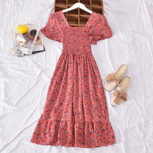 Load image into Gallery viewer, Sweet Spring Summer Floral Print Dress For Women Casual Square Neck Short Sleeve Elastic High Waist Midi Dresses With Ruffle Hem