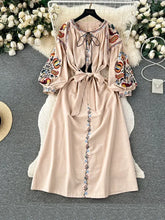 Load image into Gallery viewer, Women Spring Autumn Dress Vintage Ethnic Style Lantern Long Sleeve Embroidered Round Neck Slim A-line Cotton Linen Dress D4930