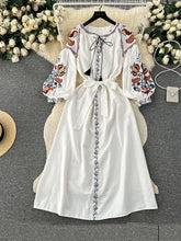 Load image into Gallery viewer, Women Spring Autumn Dress Vintage Ethnic Style Lantern Long Sleeve Embroidered Round Neck Slim A-line Cotton Linen Dress D4930