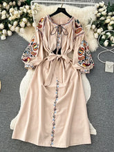 Load image into Gallery viewer, Women Spring Autumn Dress Vintage Ethnic Style Lantern Long Sleeve Embroidered Round Neck Slim A-line Cotton Linen Dress D4930