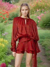 Load image into Gallery viewer, Fashion Women's Ruffles Short Dress Elegant Round Neck Lace Up Lantern Long Sleeve Mini Vestido Chic Female 2025 Solid Dresses