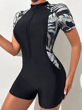 Load image into Gallery viewer, One Piece Floral Swimwear Swim Suit Women Short Sleeve Swimsuit Zip Front Tropical Plant Surfing Sun Protection(No built-in bra)