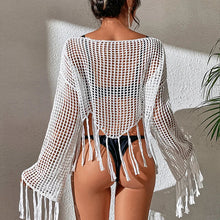 Load image into Gallery viewer, See Through Hollow Out Bikini Cover Ups Tops Women Beachwear Flared Long Sleeve Tassel Smock Crop Tops Swimsuit Cover-Up