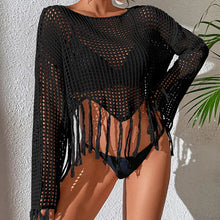Load image into Gallery viewer, See Through Hollow Out Bikini Cover Ups Tops Women Beachwear Flared Long Sleeve Tassel Smock Crop Tops Swimsuit Cover-Up