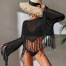 Load image into Gallery viewer, See Through Hollow Out Bikini Cover Ups Tops Women Beachwear Flared Long Sleeve Tassel Smock Crop Tops Swimsuit Cover-Up