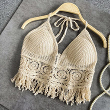 Load image into Gallery viewer, Sexy Boho Beach Holiday Camisole Halter Women Crochet Knit Swimsuit Bra Backless Vest Hollow Tassel Tank Top Women's Crop Tops
