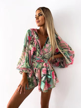 Load image into Gallery viewer, Sexy Deep V Neck Jumpsuit For Women Summer Casual Boho Beach Vacation Outfit Fashion Print Lantern Sleeve Rompers Shorts Women's