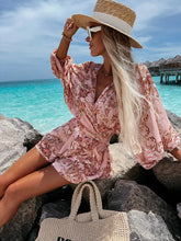 Load image into Gallery viewer, Sexy Deep V Neck Jumpsuit For Women Summer Casual Boho Beach Vacation Outfit Fashion Print Lantern Sleeve Rompers Shorts Women's