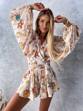 Load image into Gallery viewer, Sexy Deep V Neck Jumpsuit For Women Summer Casual Boho Beach Vacation Outfit Fashion Print Lantern Sleeve Rompers Shorts Women's