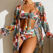 Load image into Gallery viewer, Sexy High Waisted Bikini Three Pieces Floral Printed Swimsuit Women Bikini Set With Mesh Long-Sleeved Blouse Size S-3XL 2023 New