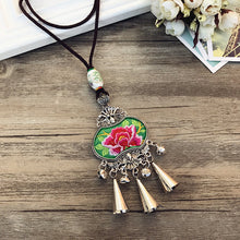 Load image into Gallery viewer, Retro Fashion Ethnic Embroidery Flower Necklace Tassel Pendant Sweater Chain