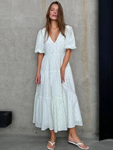 Load image into Gallery viewer, Vintage Women's Cotton Dress 100% V Neck Elegant White Floral Print Dress Midi Long Puff Sleeve Casual Summer Dresses for Women