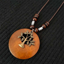 Load image into Gallery viewer, Vintage Wooden Owl Leaf Pendant Necklaces Boho Ethnic Style Metal Hollow leaves Necklaces Long Wax Rope Chain For Women Gifts