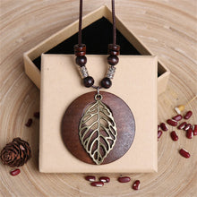 Load image into Gallery viewer, Vintage Wooden Owl Leaf Pendant Necklaces Boho Ethnic Style Metal Hollow leaves Necklaces Long Wax Rope Chain For Women Gifts