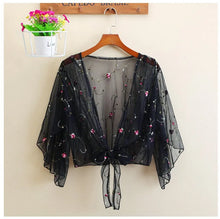 Load image into Gallery viewer, Women Mesh Sheer Cover Ups Shirts Tops Floral Embroidery Long Sleeve See-through Cardigan Blouse Beach Boho Shawl Bathing Suit