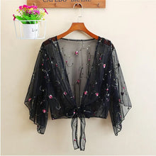 Load image into Gallery viewer, Women Mesh Sheer Cover Ups Shirts Tops Floral Embroidery Long Sleeve See-through Cardigan Blouse Beach Boho Shawl Bathing Suit
