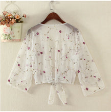 Load image into Gallery viewer, Women Mesh Sheer Cover Ups Shirts Tops Floral Embroidery Long Sleeve See-through Cardigan Blouse Beach Boho Shawl Bathing Suit