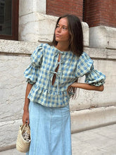 Load image into Gallery viewer, Women's Shirt Plaid Bow Lace Up Fashion Loose O-neck Puff Short Sleeve Female Blouses 2024 Spring Summer Casual Hollow Out Tops