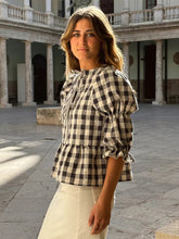 Load image into Gallery viewer, Women's Shirt Plaid Bow Lace Up Fashion Loose O-neck Puff Short Sleeve Female Blouses 2024 Spring Summer Casual Hollow Out Tops