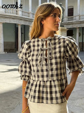 Load image into Gallery viewer, Women's Shirt Plaid Bow Lace Up Fashion Loose O-neck Puff Short Sleeve Female Blouses 2024 Spring Summer Casual Hollow Out Tops