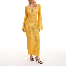 Load image into Gallery viewer, Yiiciovy Sexy Women Long Knit Beach Dress Hollow-Out Deep V-Neck Long Sleeve Bikini Cover-Ups Dress Fall Backless Holiday Dress