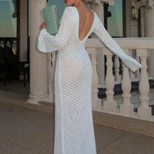 Load image into Gallery viewer, Yiiciovy Sexy Women Long Knit Beach Dress Hollow-Out Deep V-Neck Long Sleeve Bikini Cover-Ups Dress Fall Backless Holiday Dress