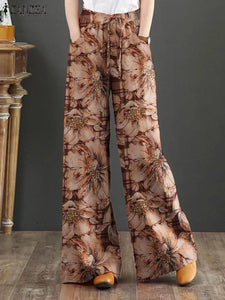 Bohemian Floral Printed Pants Autumn Fashion Wide Leg Pant Woman Casual Cotton Long Trousers Vintage Elastic Palazzo 2023