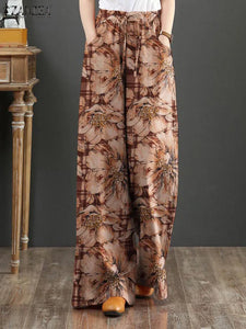 Bohemian Floral Printed Pants Autumn Fashion Wide Leg Pant Woman Casual Cotton Long Trousers Vintage Elastic Palazzo 2023