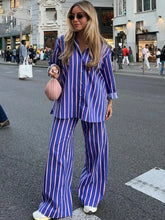 Load image into Gallery viewer, Women's Oversized Striped Shirt Pants Suit Lapel Long Sleeves Top High Elastic Waist Pockets Straight Leg Pant Female Set