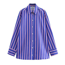 Load image into Gallery viewer, Women's Oversized Striped Shirt Pants Suit Lapel Long Sleeves Top High Elastic Waist Pockets Straight Leg Pant Female Set
