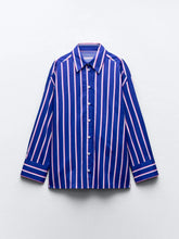 Load image into Gallery viewer, Women's Oversized Striped Shirt Pants Suit Lapel Long Sleeves Top High Elastic Waist Pockets Straight Leg Pant Female Set