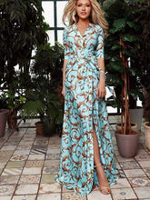 Load image into Gallery viewer, Women's print slim dress mid-sleeved V-neck maxi skirt