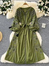 Load image into Gallery viewer, Retro Ethnic Embroidery Lantern Sleeve Maxi Dress