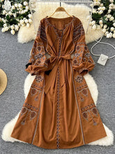 Load image into Gallery viewer, Retro Ethnic Embroidery Lantern Sleeve Maxi Dress