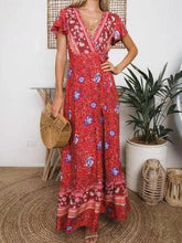 Load image into Gallery viewer, Boho Lace-up V-neck Printed Maxi Dresses