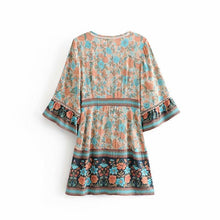 Load image into Gallery viewer, Boho Floral Print V-Neck Summer Flare Sleeve Hippie Beach Mini Dress
